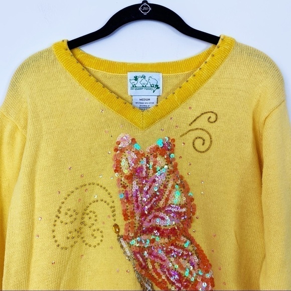 THE QUACKER FACTORY Yellow Knit Butterfly Sequin Beaded V-neck Sweater Y2K Style - Picture 2 of 8